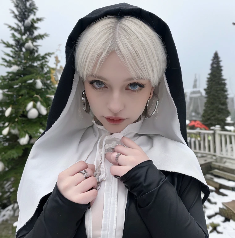 1 miniature Beautiful beautiful woman - Yuan Sayuki, ((top quality, 8K, Masterpiece:1.retty woman, 1 woman, huge :1.3, a slim body:1.1, lush white short hair, (shower, wet body, wet clothes:1.1), very detailed face, detailed lips, detailed eyes, double eyelids, Detailed blue eyes, чрезвычайно Detailed Outstanding Blue Eyes, short white wet hair, white wet hair, Detailed Outstanding Blue Eyes, innocent look at the viewer, ,very wet wavy white hair, Detailed Outstanding Blue Eyes, huge cross earrings, Outdoors, badges behind, gothic wedding uniform, sexy goc style wedding dress with veil, bare chest, huge chest tattoo wearing a wreath, detailed huge catholic cross earrings, chest tattoo, Outside - there are trees and a buddhist temple in the background (mountain vicinity), wear a silver cross (Detailed cross shape), reality mode, wet breasts, bcklace, black wedding dress and black veil, human crowd behind, head/forehead chain veil, black latex gloves, naked breasts, nareasts nipples, of whwy colourht timneon lights, demonic nun, nimbus (gol lighting ring above her head), angel, snowy weather, detailed and flawless buddhist temple behind