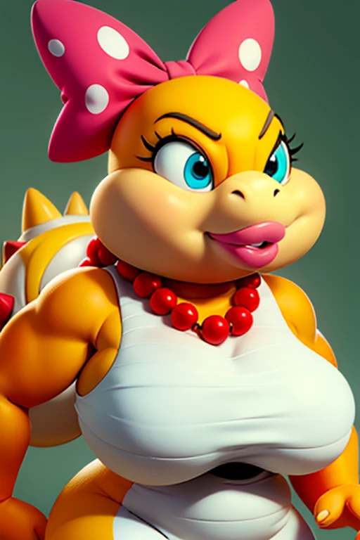 Slightly overweight wendy koopa,furry,tail,animal nose, yellow skin,blue eyes,makeup, pink lips,pink turtle shell, tail, Snobby expression,Horny,polka dot hair bow, necklace, short Pink polka-dot dress gold earrings, Red pearl necklace, Pink polka dot bra, big Chest, high quality, masterpiece,, 