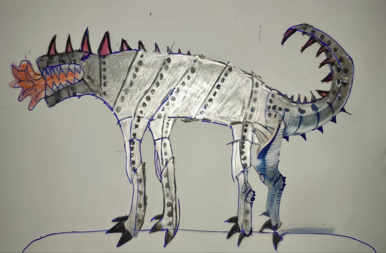 drawing of a dinosaur with spines and spines on its head, criatura detalhada, highly criatura detalhada, uma criatura antiga, a dragon made of machine parts, dinossauro cromado, zoomorphic, inspirado em Adam Rex, inspirado em Abidin Dino, monstruosidade animal, criatura parecida com um esqueleto, dragon with curved horns!, criatura parecida com um esqueleto, conceito de criatura realista