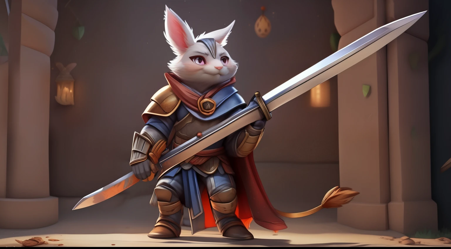 There is a cat with a sword and armor in the room, Wojtek Fuss, Ferret Warrior, mob_Features, bunny with helmet and sword, Rabbit warrior, Anthropomorphic Warrior Pig, red wall, RossDraws global illumination, William H.. Punjilupi, warwick saint, rossdraws Volumetric Lighting, Multiple Count Contest Winner