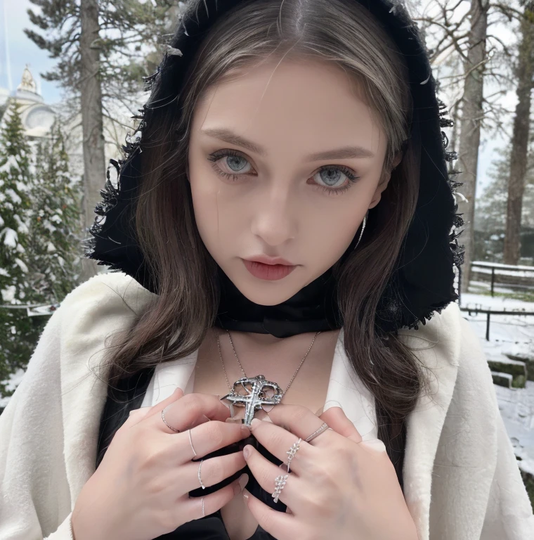 1 miniature Beautiful beautiful woman - Yuan Sayuki, ((top quality, 8K, Masterpiece:1.retty woman, 1 woman, huge breasts:1.3, a slim body:1.1, lush white short hair, (shower, wet body, wet clothes:1.1), very detailed face, detailed lips, detailed eyes, double eyelids, Detailed blue eyes, чрезвычайно Detailed Outstanding Blue Eyes, short white wet hair, white wet hair, Detailed Outstanding Blue Eyes, innocent look at the viewer, very wet wavy white hair, Detailed Outstanding Blue Eyes, huge cross earrings, Outdoors, badges behind, gothic wedding uniform, sexy gothic style wedding dress with veil, bare chest, huge chest tattoo wearing a wreath, detailed huge catholic cross earrings, chest tattoo, Outside - there are trees and a buddhist temple in the background (mountain vicinity), wear a silver cross (Detailed cross shape), reality mode, wet breasts, black necklace, black wedding dress and black veil, human crowd behind, head/forehead chain veil, black latex gloves, naked breasts, naked breasts, naked nipples, hair of white snowy colour, night time, red neon lights, demonic nun, nimbus (golden lighting ring above her head), angel, snowy weather, Detailed buddhist temple behind