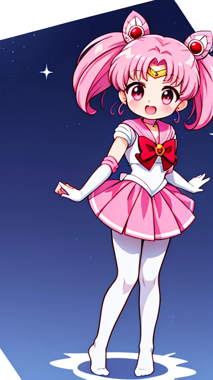 Sailor Moon，young年，，cute，（Little Loli），Pink hair twintails，short hair，Sailor Suit，red bow，White elbow gloves，Red Skirt，no shoes，Open your mouth，laughing out loud，Fangs，(White pantyhose),soles of feet，soles of feet，（young），（The body is small and delicate）