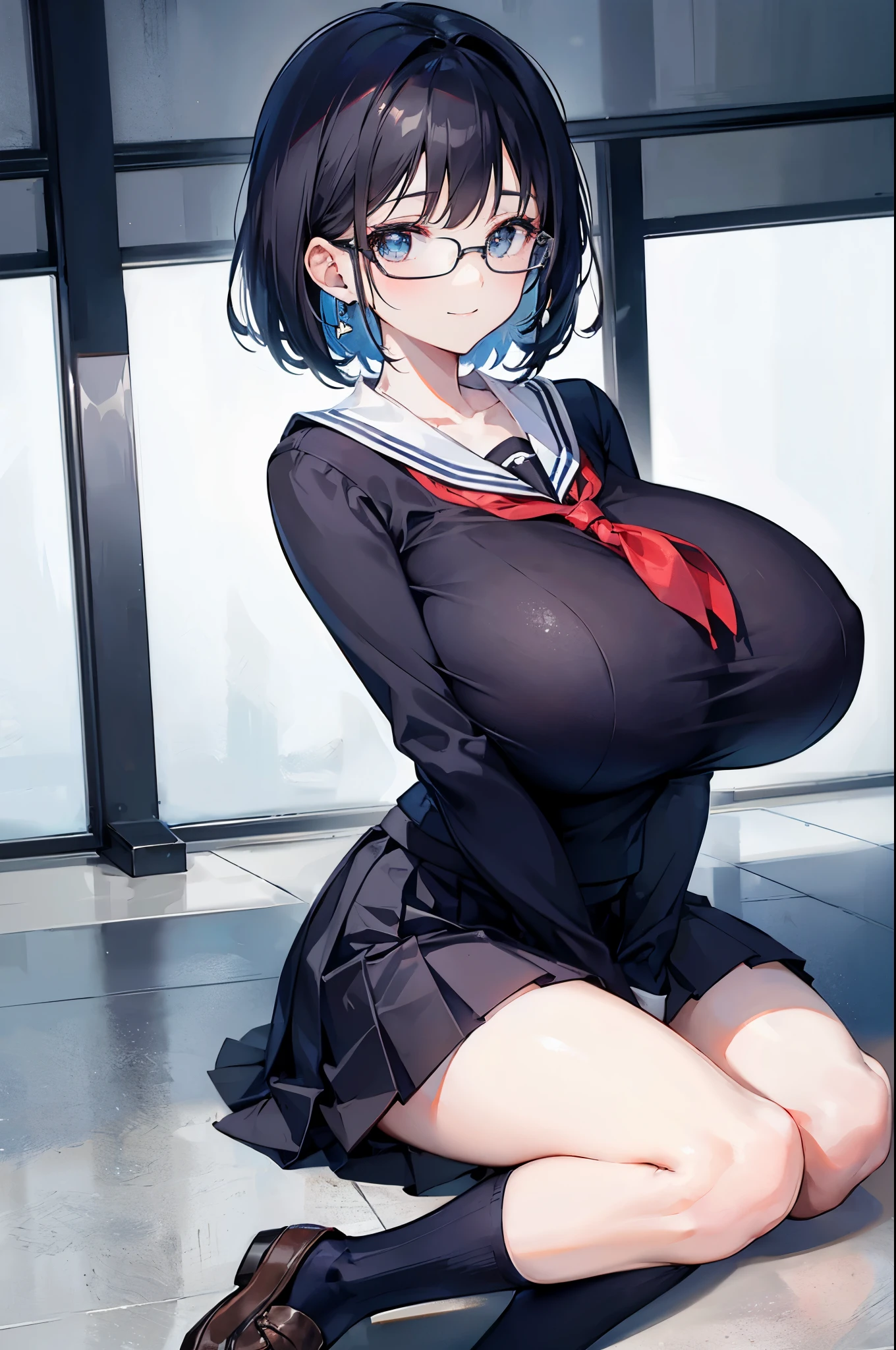 1 girl, glasses, (full body:1.2), sitting, (angle from below:1.1), (angle from the side:1.1), smile, (slim body:1.2), (huge breasts:1.5), (slender and long legs:1.1), black hair, short hair, high , sailor, pleated skirt, (blue socks:1.1), brown loafers,