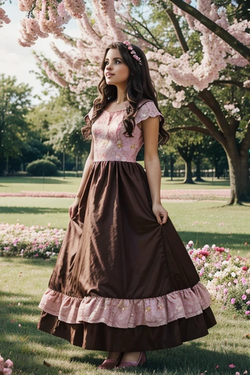 princess with wavy dark brown hair wearing a pink party dress in a park full of flowers and trees