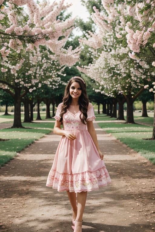 princess with wavy dark brown hair wearing a pink party dress in a park full of flowers and trees