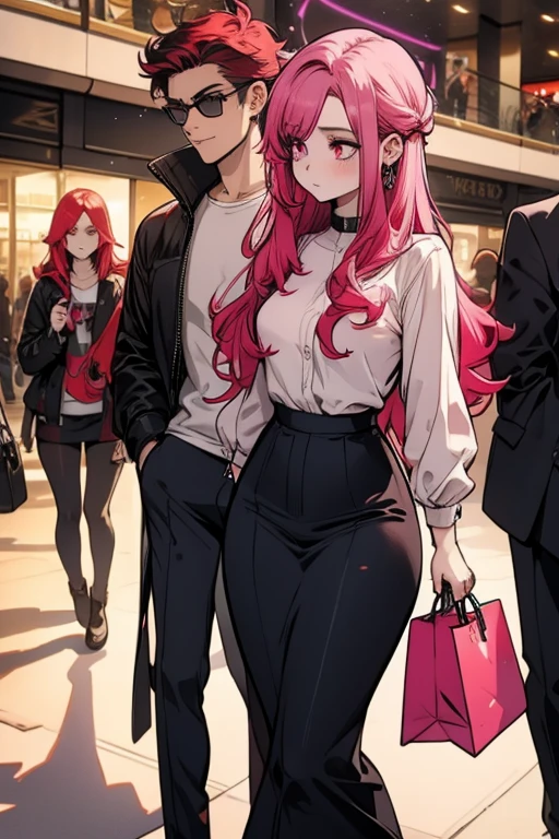 A pink haired woman with violet eyes and an hourglass figure is shopping with a red haired woman with red eyes and an hourglass figure in the mall