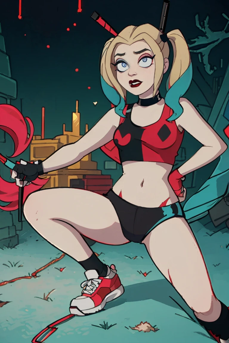 (Harley Quinn, harleyquinn:1.0), blonde pigtails with blue and pink ends, blue eyes, red lipstick, pink and blue eye shadow, heart on cheek, (half red and black crop top tank top, red and black underwear:1.2), sneakers with pom pom, black necklace, pale white skin, (full-body-shot:1), (Cowboy-shot:1.2),neon lighting, dark romantic lighting, (highly detailed:1.2),(detailed face:1.2), (gradients), colorful, detailed eyes, (detailed landscape:1.2), (natural lighting:1.2),(detailed background),detailed landscape, (cute pose:1.2), dinamic poses