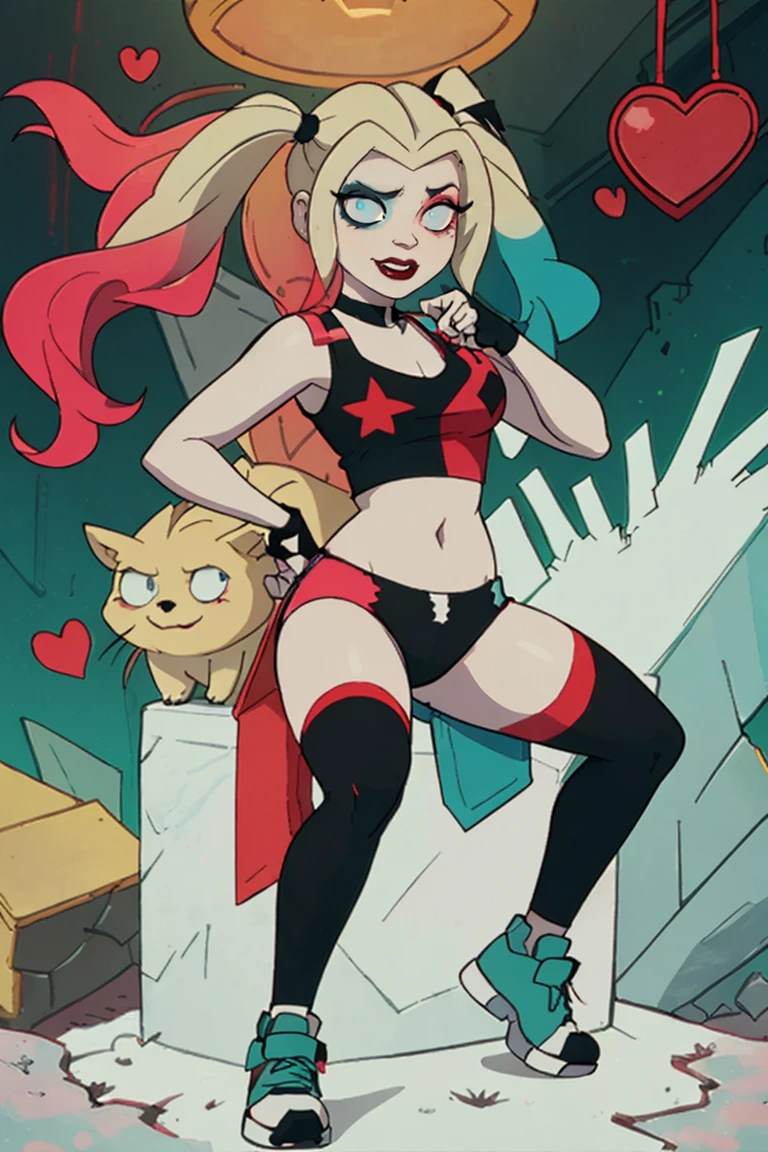 (Harley Quinn, harleyquinn:1.0), blonde pigtails with blue and pink ends, blue eyes, red lipstick, pink and blue eye shadow, heart on cheek, (half red and black crop top tank top, red and black underwear:1.2), sneakers with pom pom, black necklace, pale white skin, (full-body-shot:1), (Cowboy-shot:1.2),neon lighting, dark romantic lighting, (highly detailed:1.2),(detailed face:1.2), (gradients), colorful, detailed eyes, (detailed landscape:1.2), (natural lighting:1.2),(detailed background),detailed landscape, (cute pose:1.2), dinamic poses