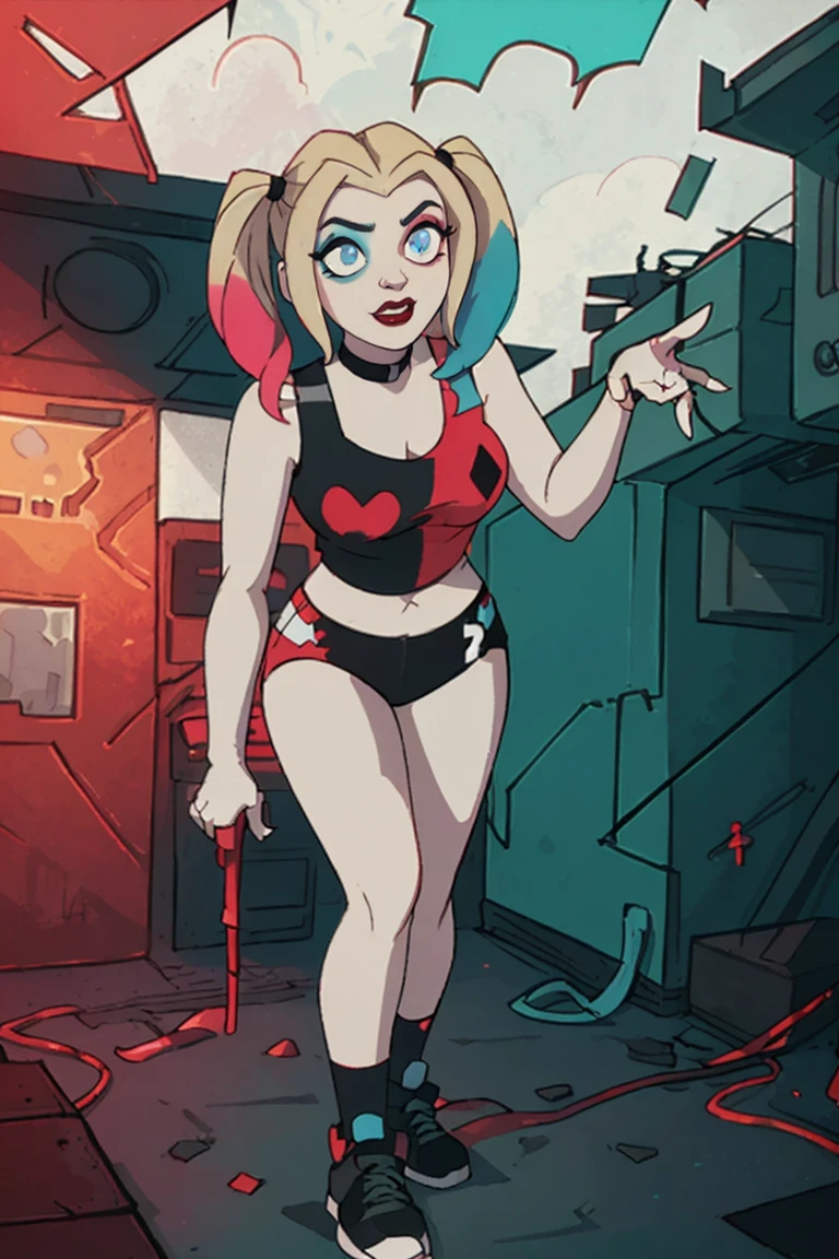 (Harley Quinn, harleyquinn:1.0), blonde pigtails with blue and pink ends, blue eyes, red lipstick, pink and blue eye shadow, heart on cheek, (half red and black crop top tank top, red and black underwear:1.2), sneakers with pom pom, black necklace, pale white skin, (full-body-shot:1), (Cowboy-shot:1.2),neon lighting, dark romantic lighting, (highly detailed:1.2),(detailed face:1.2), (gradients), colorful, detailed eyes, (detailed landscape:1.2), (natural lighting:1.2),(detailed background),detailed landscape, (cute pose:1.2), dinamic poses