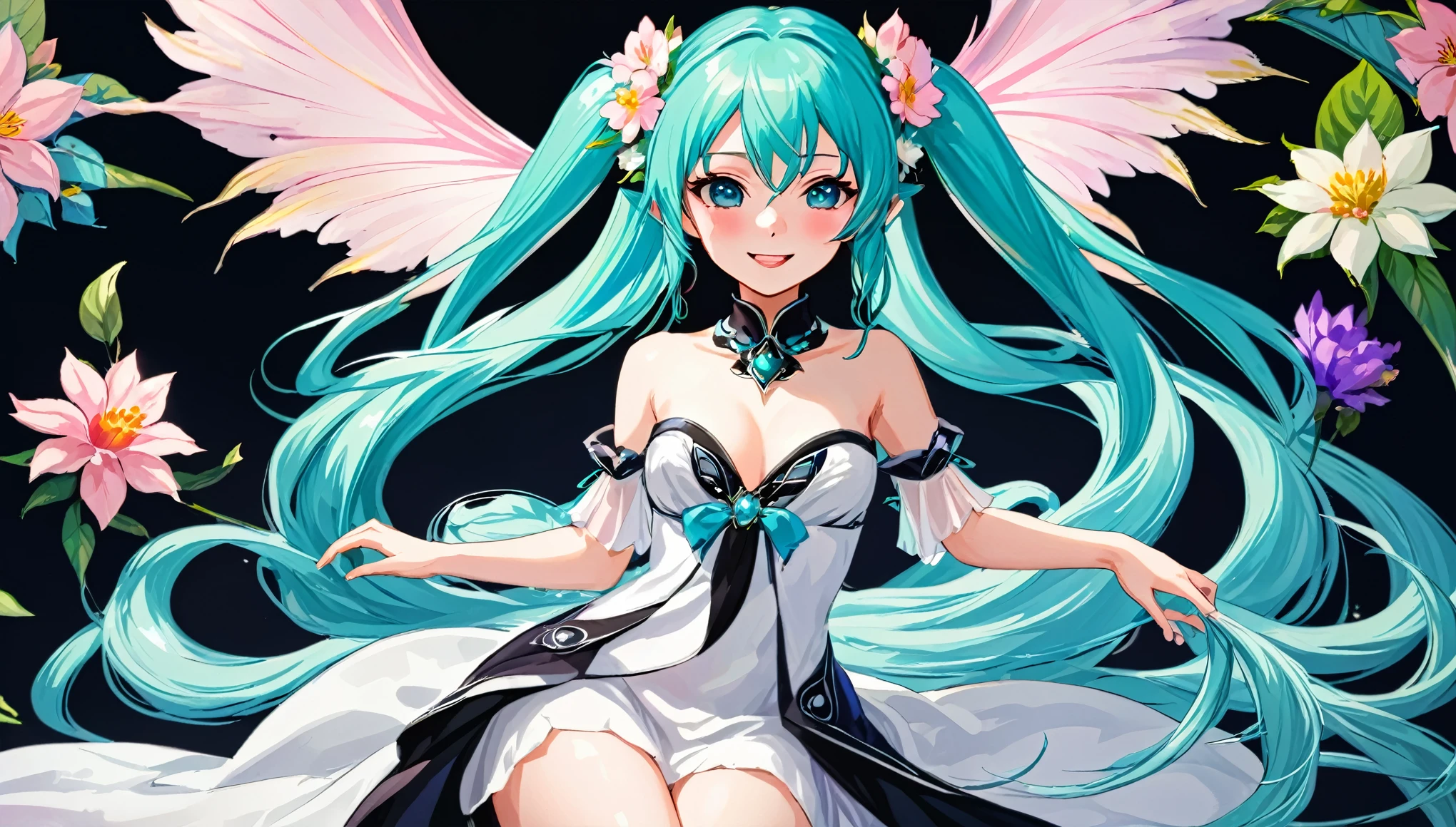 (masterpiece, highest resolution,highest quality ), 1 elven girl, ( bare breasts, thigh),  (aqua hair, twin tails ,very long hair , floating hair ), full body, hand on hip ,hair between eyes, multi colored hair, hair flower ornament ,(blush, smile, close  eyes), close mouth, party dress,  white dress , strapless dress, (Open the front of the  dress chest very wide), large breasts, pointed ears, ((simple background,  black background))