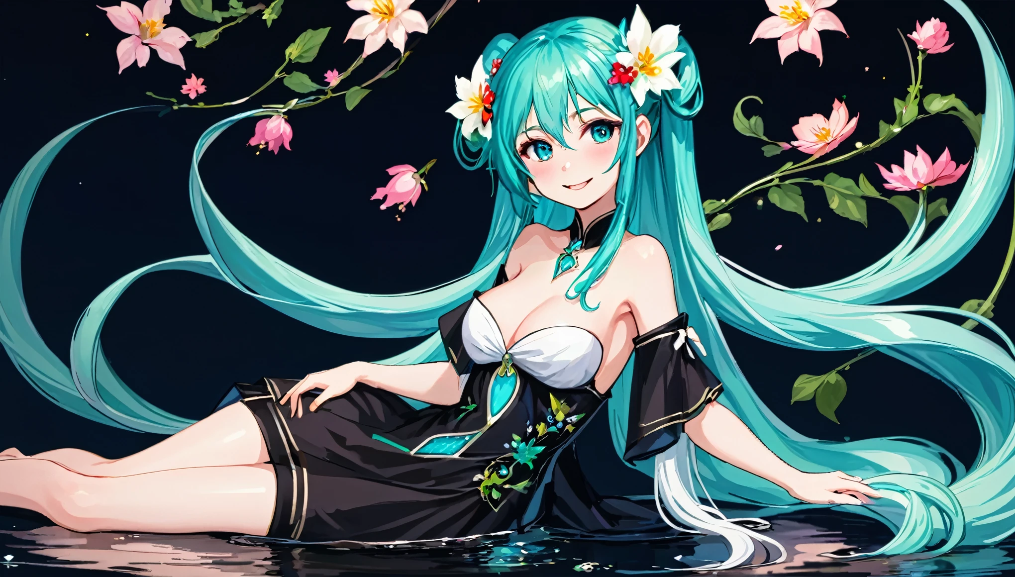 (masterpiece, highest resolution,highest quality ), 1 elven girl, ( bare breasts, thigh), (aqua hair, twin tails ,very long hair , floating hair ), full body, hand on hip ,hair between eyes, multi colored hair, hair flower ornament ,(blush, smile, close eyes), close mouth, party dress, white dress , strapless dress, (Open the front of the dress chest very wide), large breasts, pointed ears, ((simple background, black background))