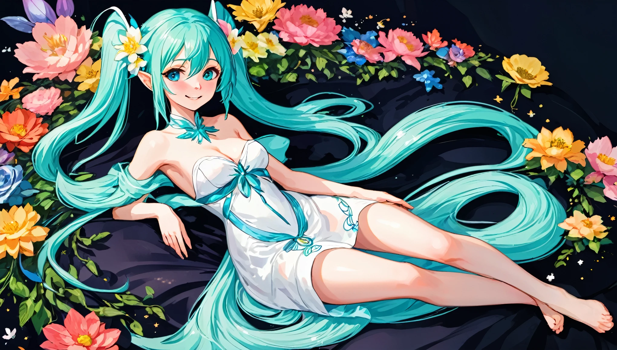 (masterpiece, highest resolution,highest quality ), 1 elven girl, ( bare breasts, thigh),  (aqua hair, twin tails ,very long hair , floating hair ), full body, hand on hip ,hair between eyes, multi colored hair, hair flower ornament ,(blush, smile, close  eyes), close mouth, party dress,  white dress , strapless dress, (Open the front of the  dress chest very wide), large breasts, pointed ears, ((simple background,  black background))