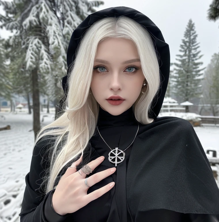 1 miniature Beautiful beautiful woman - Yuan Sayuki, ((top quality, 8K, Masterpiece:1.retty woman, 1 woman, huge breasts:1.3, a slim body:1.1, lush white short hair, (shower, wet body, wet clothes:1.1), very detailed face, detailed lips, detailed eyes, double eyelids, Detailed blue eyes, чрезвычайно Detailed Outstanding Blue Eyes, short white wet hair, white wet hair, Detailed Outstanding Blue Eyes, innocent look at the viewer, very wet wavy white hair, Detailed Outstanding Blue Eyes, huge cross earrings, Outdoors, badges behind, gothic wedding uniform, sexy gothic style wedding dress with veil, bare chest, huge chest tattoo wearing a wreath, detailed huge catholic cross earrings, chest tattoo, Outside - there are trees and a buddhist temple in the background (mountain vicinity), wear a silver cross (Detailed cross shape), reality mode, wet breasts, black necklace, black wedding dress and black veil, human crowd behind, head/forehead chain veil, black latex gloves, naked breasts, naked breasts, naked nipples, hair of white snowy colour, night time, red neon lights, demonic nun, nimbus (golden lighting ring above her head), angel, snowy weather, Detailed buddhist temple behind