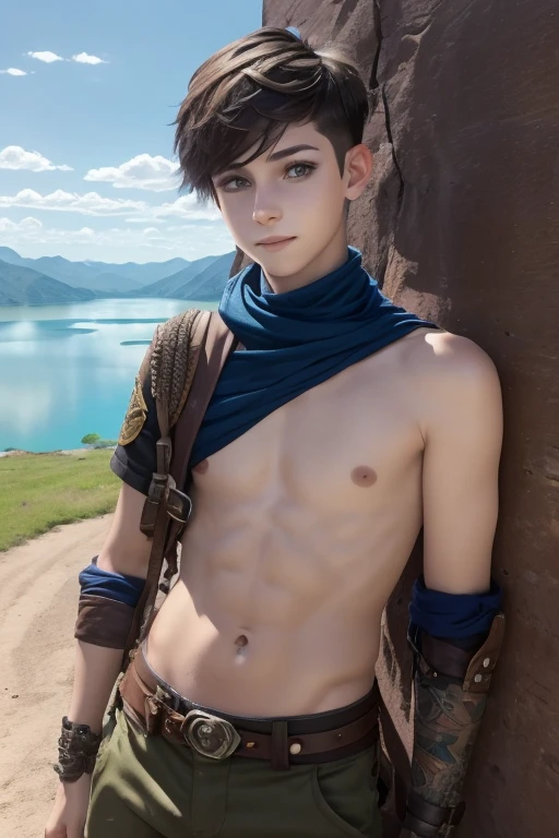 A happy young twink man with an undercut in a fantasy setting. An adventurer and ranger. Very androgynous looking. In a good mood. Shirtless smooth skinny chest.. Slim body. Very . , Face: Extremly pale skin. Soft boyish face with beautiful eyes. Very short dark-brown hair. A boyish face. short haircut Undercut. Sides shaved. A tight fantasy outfit of a lonley ranger and adventuerer. Background: Wide colourful plains. A big lake. Shiny blue sky. Wonderful weather. 