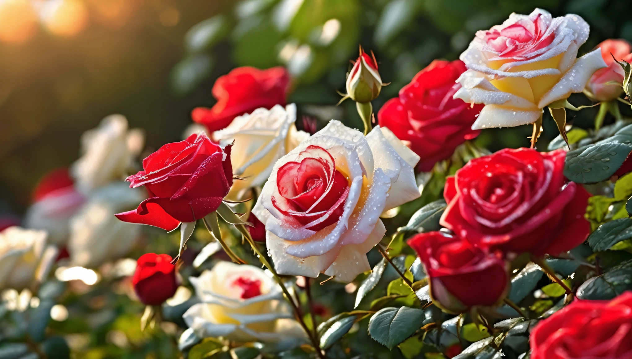 Many red and white color rose flowers in the garden and sunlight with bokeh, dew drops on flower petalasterpiece, ultra quality, high resolution, 8k, intricate: 1.2), (masterpiece), (best quality:1)