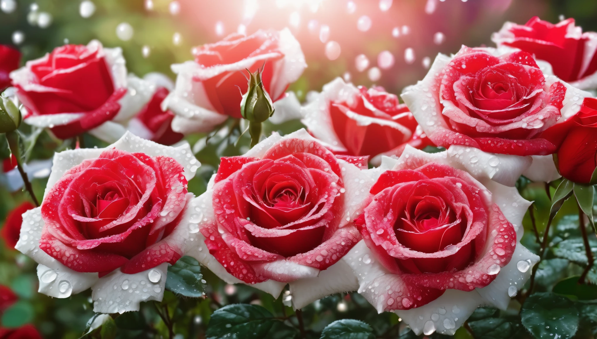 Many red and white color rose flowers in the garden and sunlight with bokeh, dew drops on flower petalasterpiece, ultra quality, high resolution, 8k, intricate: 1.2), (masterpiece), (best quality:1)