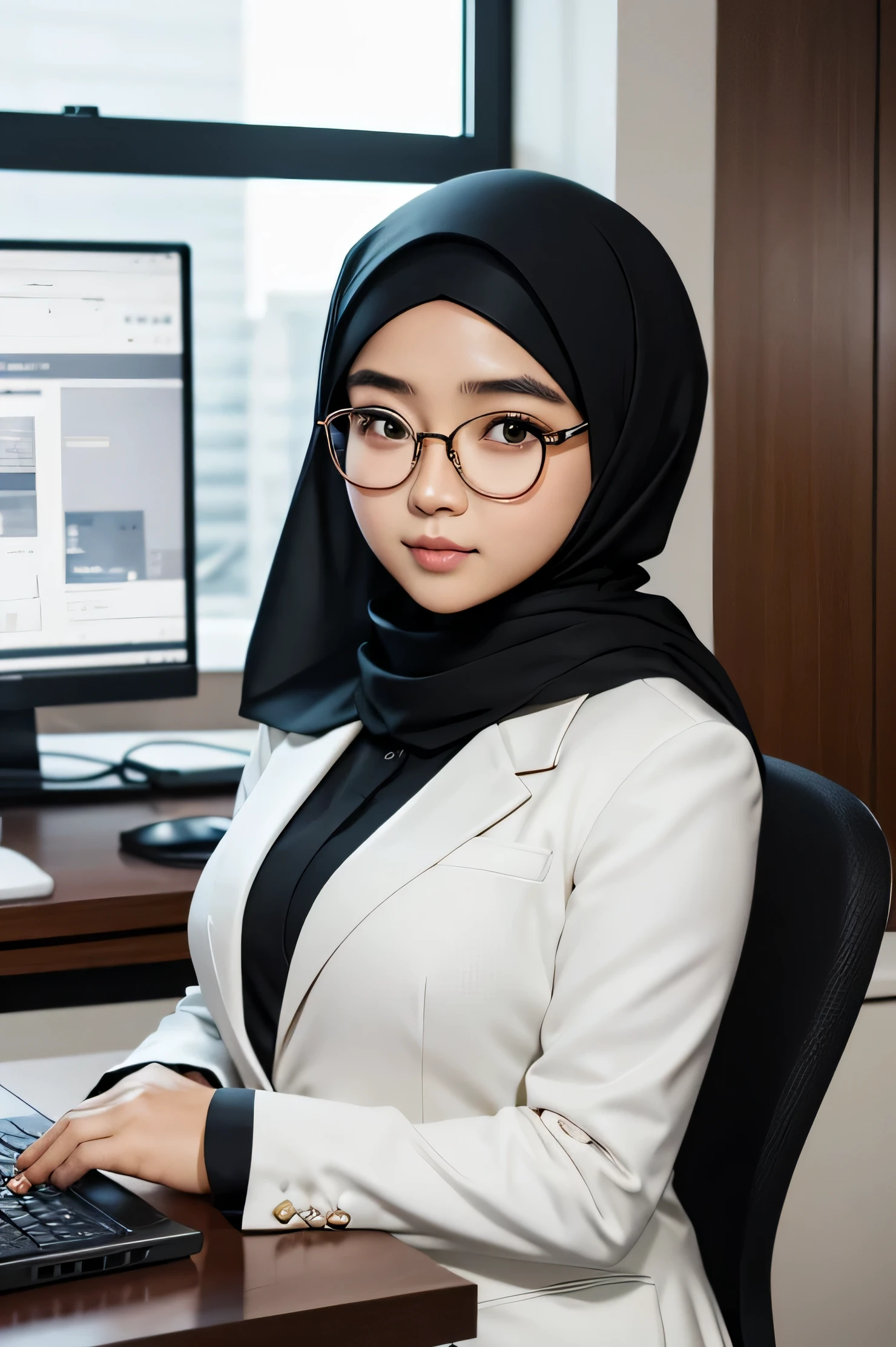 detailed face of half body photo. 25 year old Indonesian girl with a sweet  face,  big  round face and  round glasses,  wearing a black hijab and white neat suit in a luxurious office