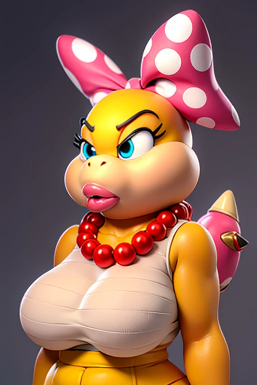 Slightly overweight wendy koopa,furry,tail,animal nose, yellow skin,blue eyes,makeup, pink lips,pink turtle shell, tail, Snobby expression,Horny,polka dot hair bow, necklace, short Pink polka-dot dress gold earrings, Red pearl necklace, Pink polka dot bra, big Chest, high quality, masterpiece,, 