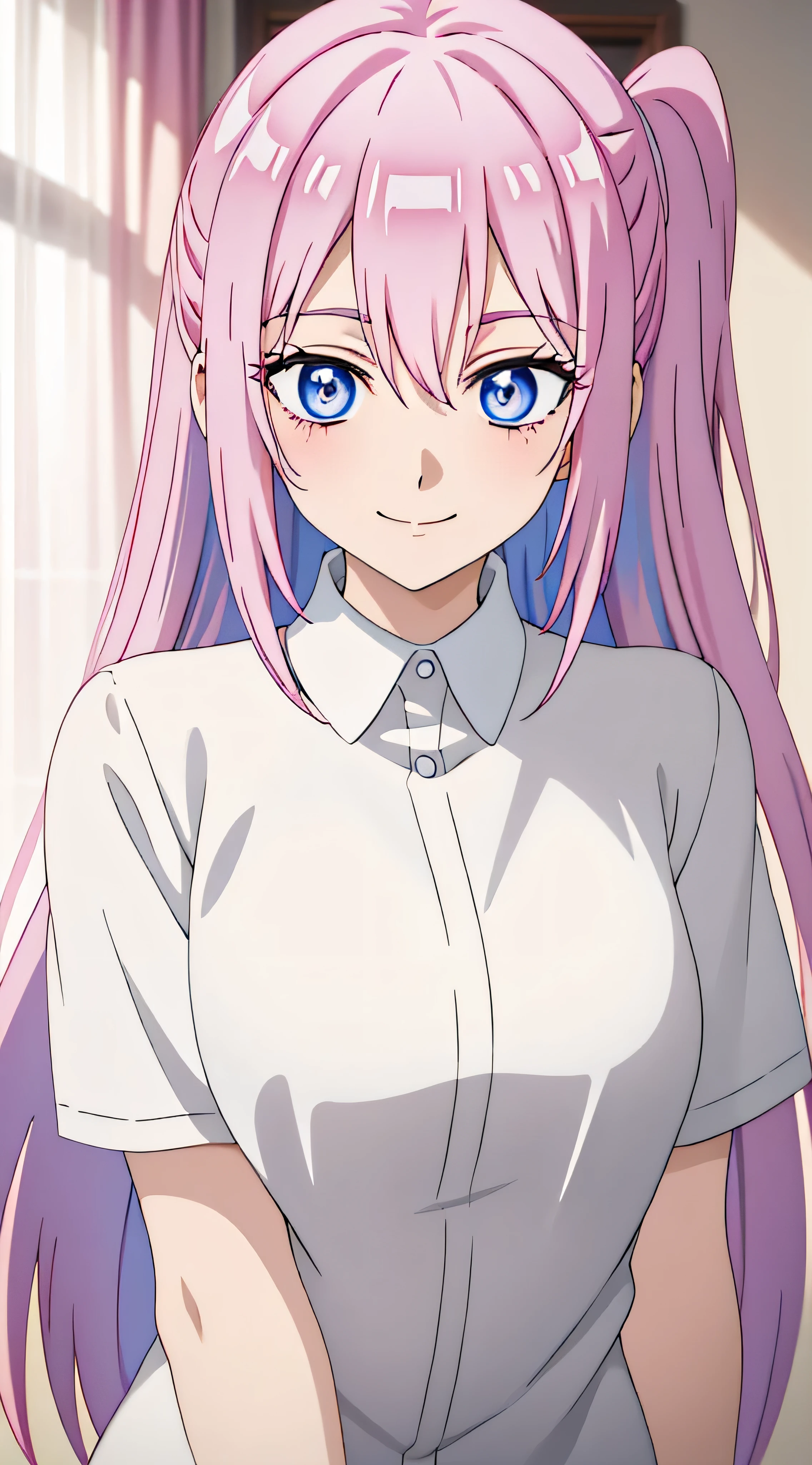 anime girl with pink hair and blue eyes in a white shirt, crazy seductive smile, directed gaze, high - angle, very very very beautiful, ultra detail, hight quality, best quality