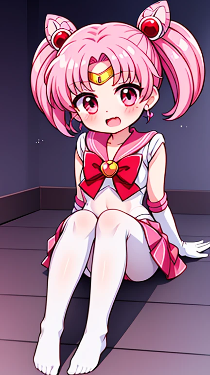 Sailor Moon，young年，Seven years old，cute，（Little ），Pink hair twintails，short hair，Sailor Suit，red bow，White elbow gloves，Red Skirt，no shoes，Open your mouth，laughing out loud，Fangs，(White pantyhose),soles of feet，soles of feet，（young），（The body is small and delicate）