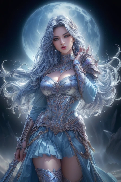 (best quality,4K,8k,high resolution,masterpiece:1.2),Super detailed,(Practical,photoPractical,photo-Practical:1.37), strong femininity, confident facial expression, Fierce and seductive gaze, Long flowing hair, sexy lips, Charming and vibrant colors, Dramatic Lighting, Textured and detailed armor, Fantasy landscape background