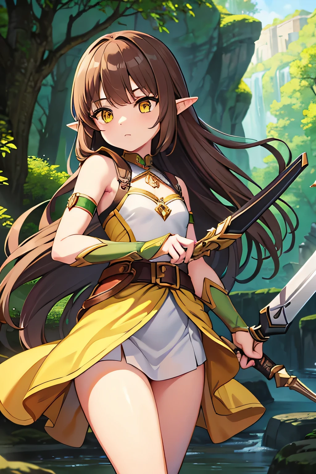 An elf girl with a tiny body and brown hair, yellow eyes, and a flat chest. She is wearing casual cloths and holding a sword. The girl is looking at a person offscreen. The image should be of absurd resolution and high detail. It should be ultra-sharp and available in 8K resolution, representing a masterpiece in image quality. showcasing a nature vibe
