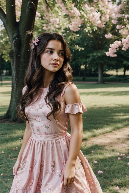 princess with wavy hair tied up with a bow, dark brown color with a pink party dress, a park full of flowers and trees
