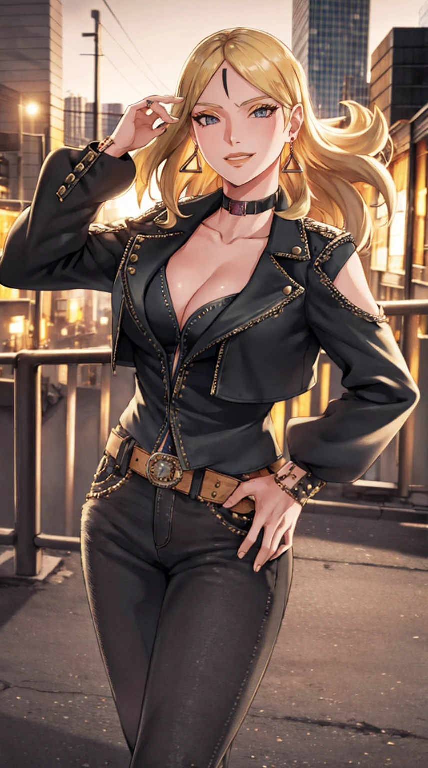 1girl,cowboy shot, beautiful Delta, earrings, blonde hair, looking at viewer, smile, shirt, pants, belt, dynamic pose,choker, black jacket, city, smile, outdoors, volumetric lighting, best quality, masterpiece, intricate details, tonemapping, sharp focus, hyper detailed, trending on Artstation,