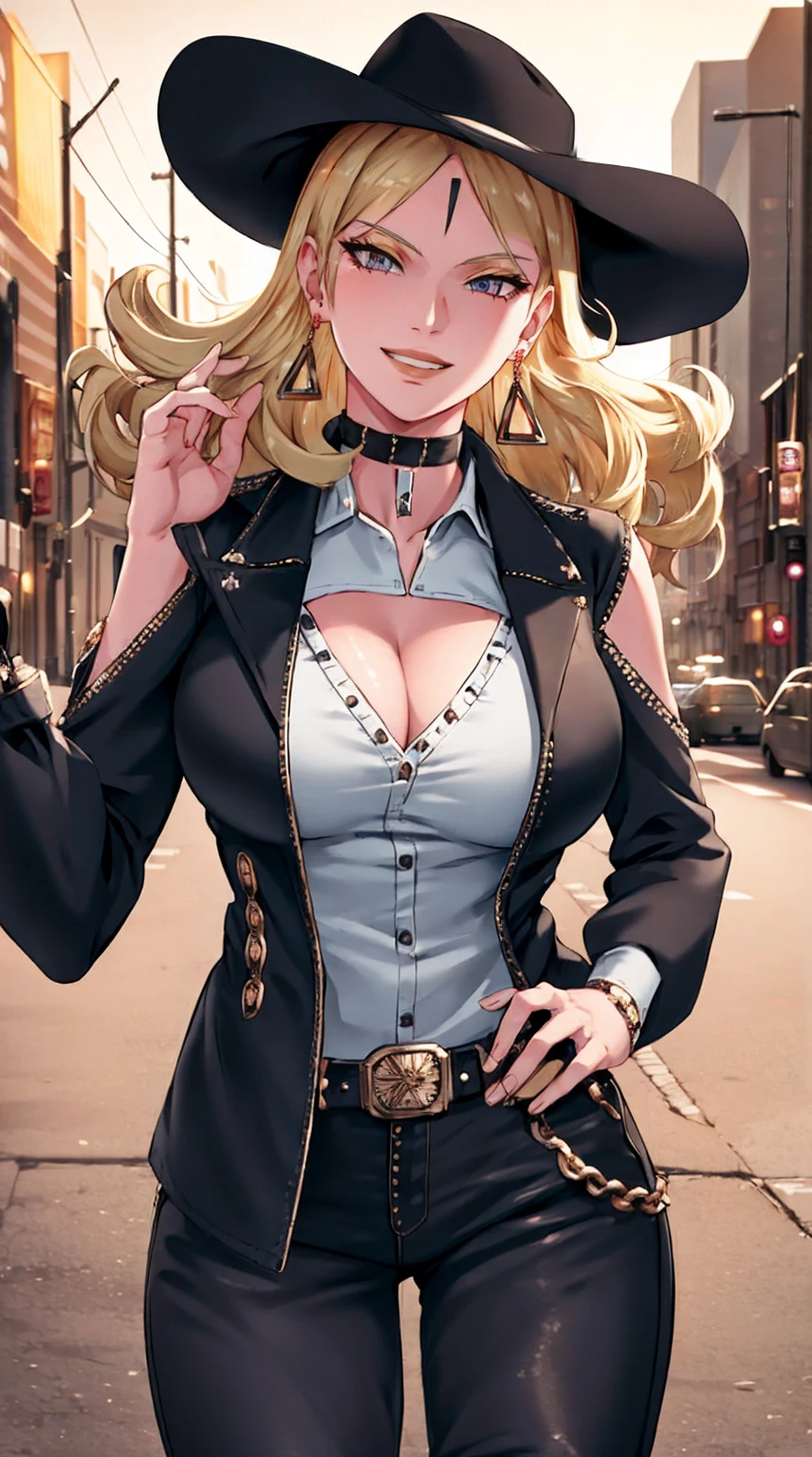 1girl,cowboy shot, beautiful Delta, earrings, blonde hair, looking at viewer, smile, shirt, pants, belt, dynamic pose,choker, black jacket, city, smile, outdoors, volumetric lighting, best quality, masterpiece, intricate details, tonemapping, sharp focus, hyper detailed, trending on Artstation,