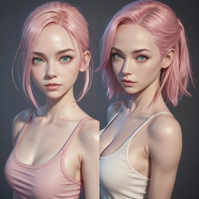 young woman, short shoulder-length pink hair, wide forehead, porcelain skin, pink eyebrows, big emerald green eyes, buttoned nose, full lips, heart-shaped face, slender body, small breasts, red tank top, Sakura Haruno , realistic, realism, details, 3d, well detailed
