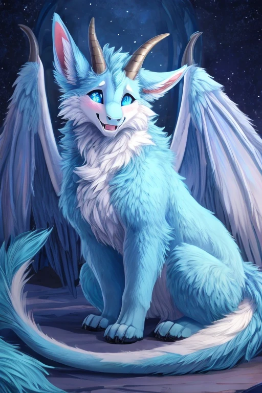 furry art, feral, furred dragon, female, white and blue fur, wings, 4 ears, four ears, horns, tail, chest fluff, paws, fangs, embarrassed, happy, blind, faded eyes, faded blue eyes, faded cloudy eyes, staring off into space, quadruped