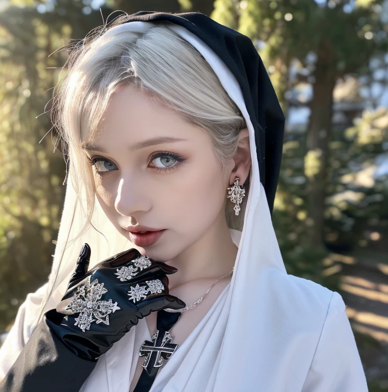 1 miniature Beautiful beautiful woman - Yuan Sayuki, ((top quality, 8K, Masterpiece:1.retty woman, 1 woman, huge breasts:1.3, a slim body:1.1, lush white short hair, (shower, wet body, wet clothes:1.1), very detailed face, detailed lips, detailed eyes, double eyelids, Detailed blue eyes, чрезвычайно Detailed Outstanding Blue Eyes, short white wet hair, white wet hair, Detailed Outstanding Blue Eyes, innocent look at the viewer, very wet wavy white hair, Detailed Outstanding Blue Eyes, huge cross earrings, Outdoors, badges behind, gothic wedding uniform, sexy gothic style wedding dress with veil, bare chest, huge chest tattoo wearing a wreath, detailed huge catholic cross earrings, chest tattoo, Outside - there are trees and a buddhist temple in the background (mountain vicinity), wear a silver cross (Detailed cross shape), reality mode, wet breasts, black necklace, black wedding dress and black veil, human crowd behind, head/forehead chain veil, black latex gloves, naked breasts, naked breasts, naked nipples, hair of white snowy colour, night time, red neon lights, demonic nun, nimbus (golden lighting ring above her head), angel, snowy weather, Detailed buddhist temple behind