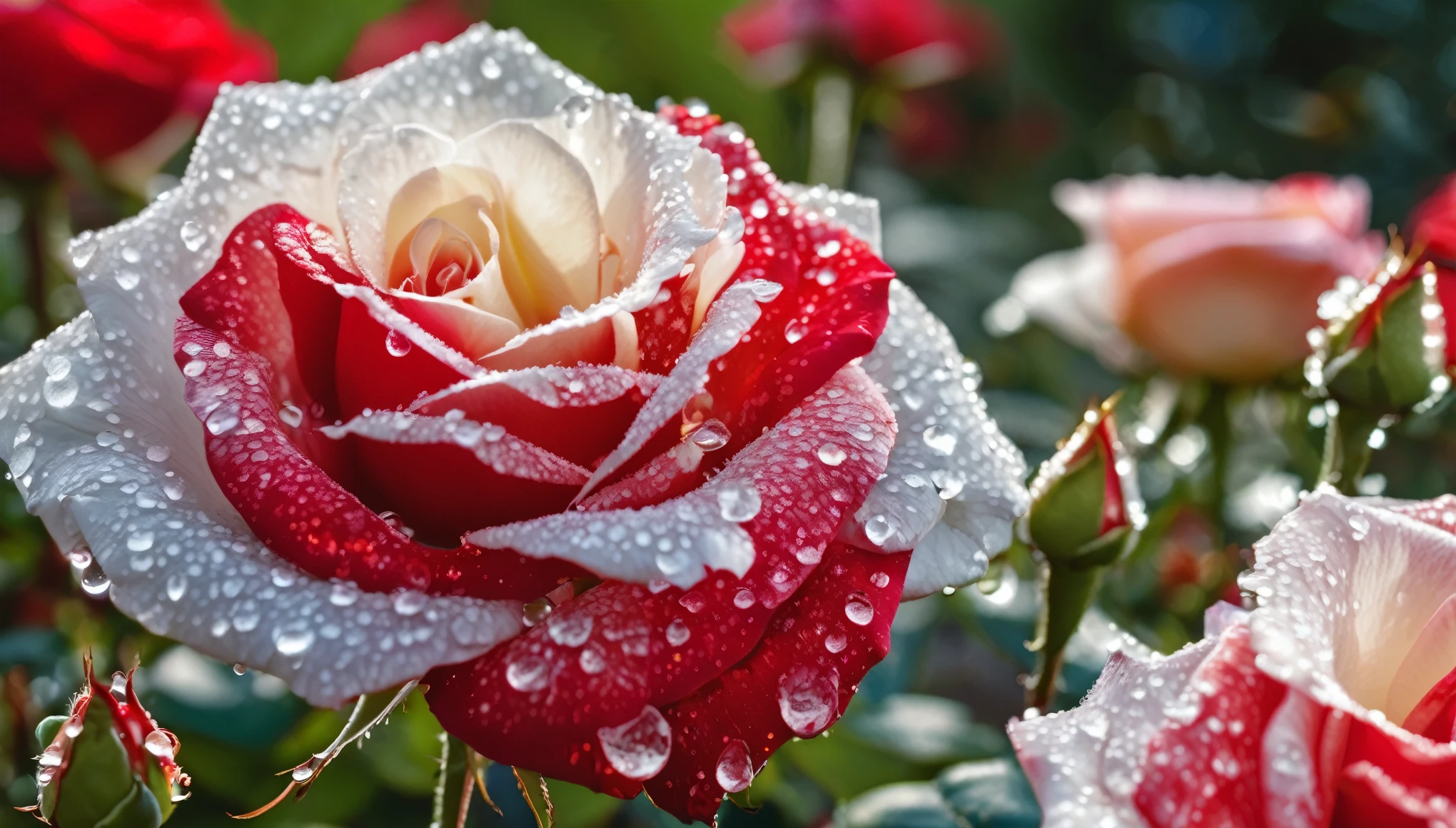 Many red and white color rose flowers in the garden and sunlight with bokeh, dew drops on flower petalasterpiece, ultra quality, high resolution, 8k, intricate: 1.2), (masterpiece), (best quality:1)