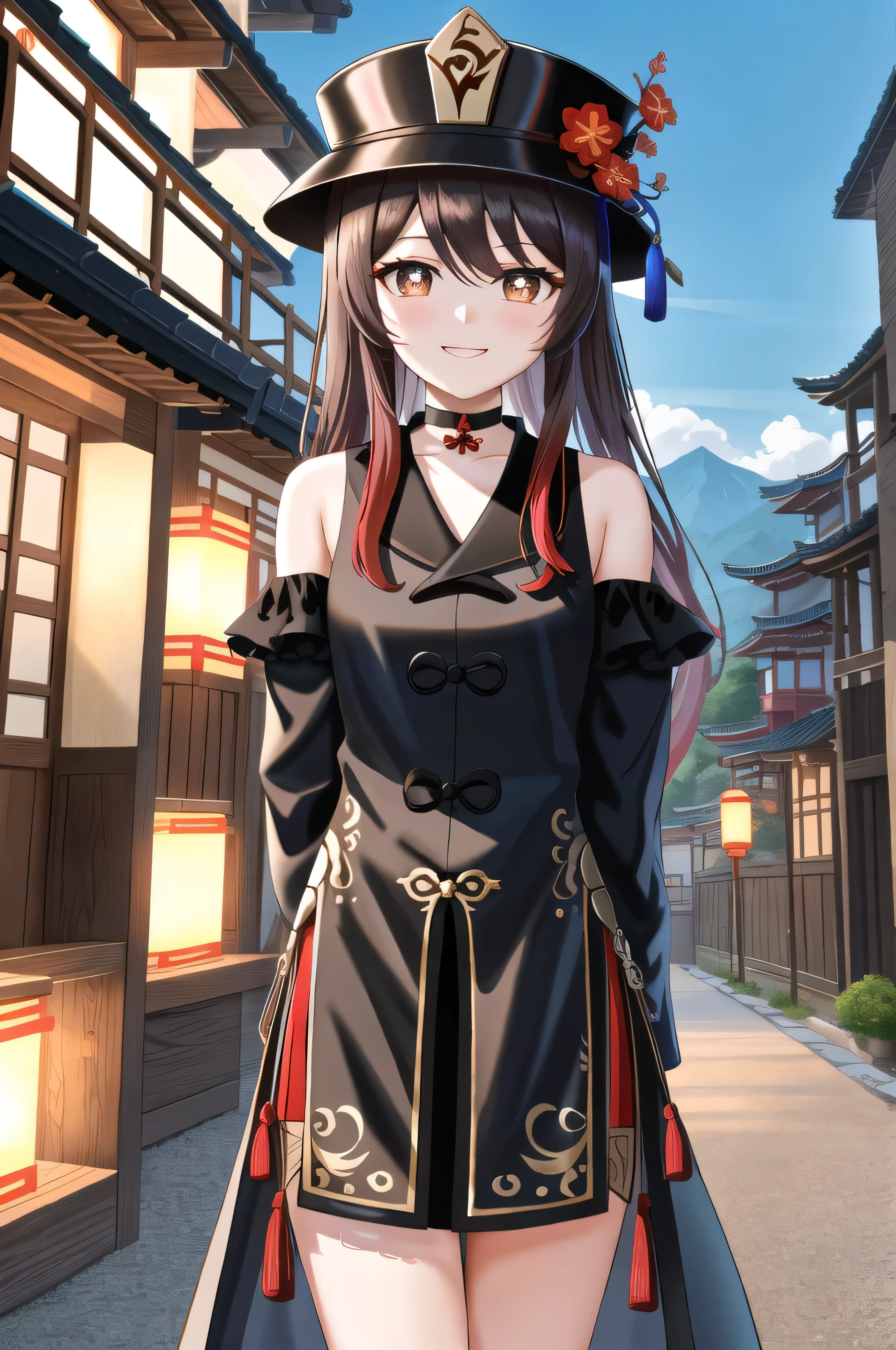 masterpiece, best quality, extremely detailed, hu tao \(genshin impact\), standing, backround is a traditional chinese street, cowboy shot, flower-shaped_pupils, black_choker, (arms behind back:1.2), (smile:0,8), black coat, hat