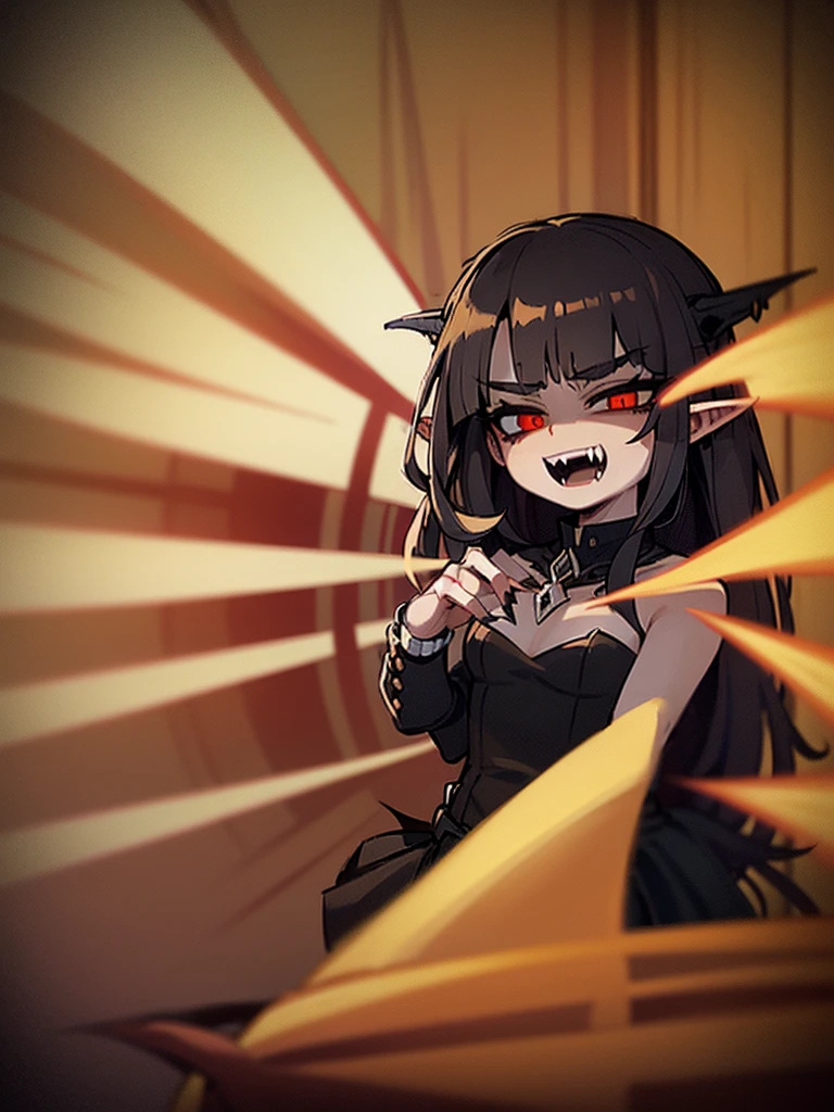 1girl, best quality, high quality, (masterpiece), perfect face, detailed face, pale skin, young, vampire, ((fangs)), fang, long hair, wavy hair, blonde hair, red eyes, pointy ears, black hairband, black dress, gothic dress, elegant dress, black mary janes, (hands on hips), (night), (fog)