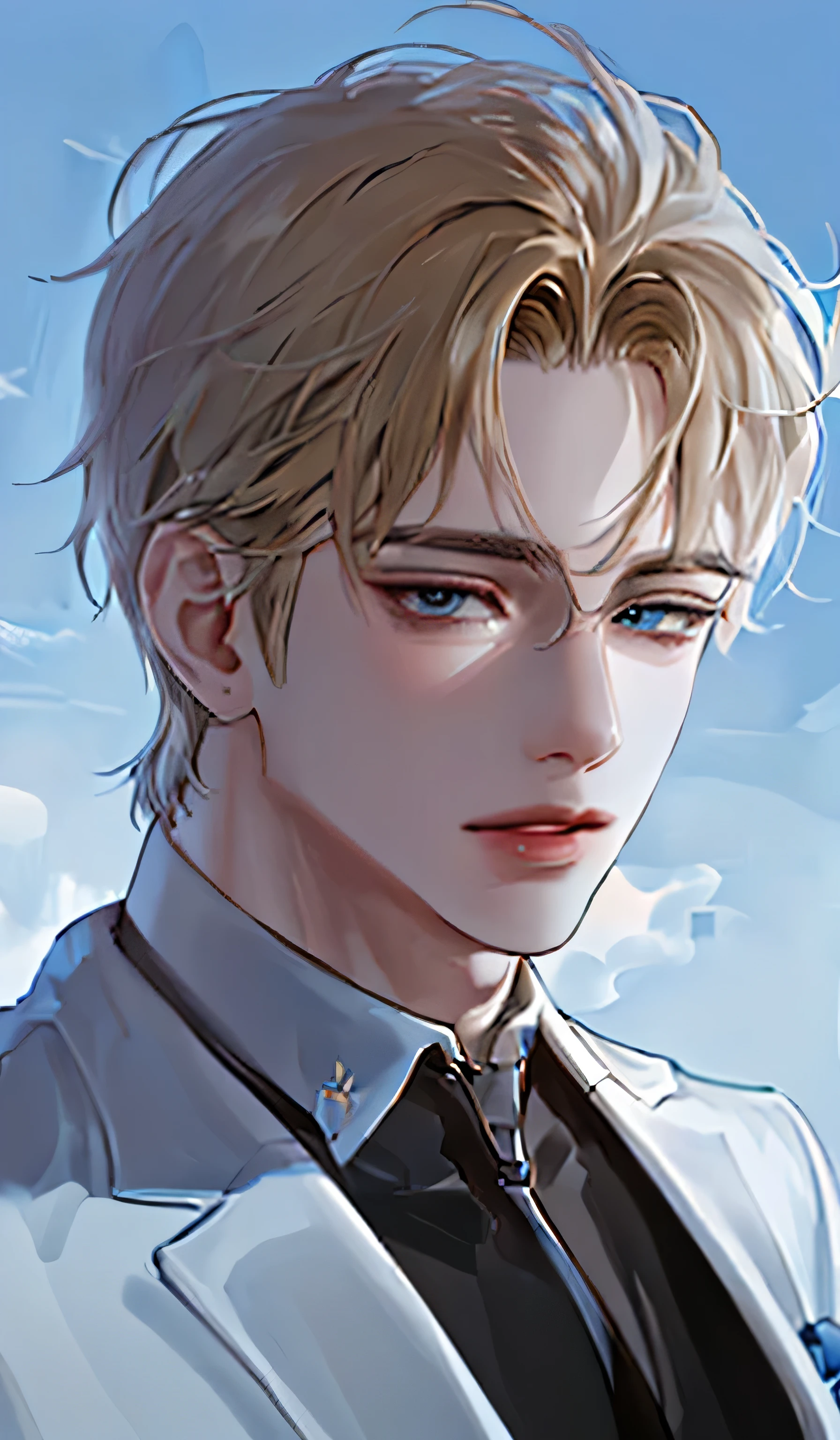 1 man, portrait, Beautiful handsome, alone, lips, male focus, random color, looking at the viewer, short hair, gentle expression, suit,blonde hair, sky blue eyes