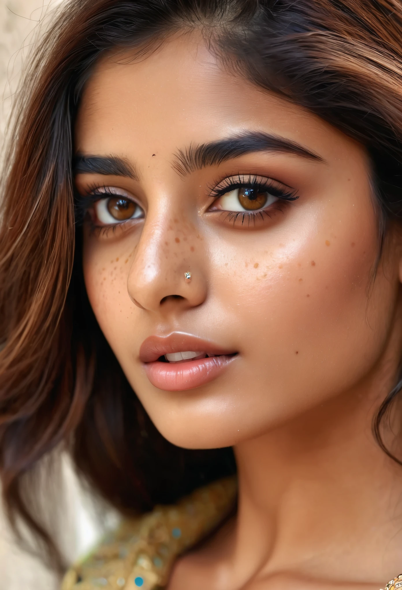 Beautiful indian model brown hair sparkling eyes perfect body stunning realistic realistic 23 yrs old light freckles on the face hd 