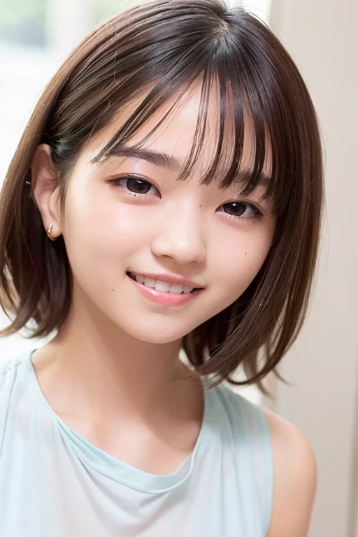 best quality, masterpiece, Ultra-high resolution, (Reality:1.4), original photo, Extremely detailed, perfect anatomy, 1 Girl, , most popular japanese idols, portrait, Face focus, Innocent smile, Extremely cute child face, Extremely beautiful large black solid round eyes, Extremely beautiful long black hair, Very nice realistic skin, extremely beautiful lips, Very beautiful long eyelashes, Very beautiful teeth, Wearing glasses with cute designs, Detailed glasses, whole body, Transparent light blue dress