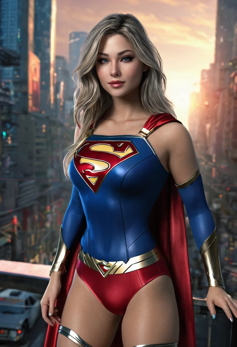motor irreal:1.4,CG ultra realista K, Fotorrealista:1.4, textura da pele:1.4, Obra-prima:1.4,Linda mulher vestindo uma fantasia sexy de Supergirl, cabelo loiro e loiro, olhos azuis, underwear detailed background, fantasia super cyberpunk . cadeiras largas,An apocalyptic city of fire, mostrando barriga lisa,Mini-saia vermelha, ,beautiful thin hands,
