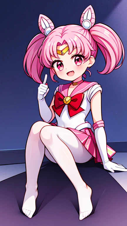 Sailor Moon,young年,Seven years old,cute,(Little Loli),Pink hair twintails,short hair,Sailor Suit,red bow,White elbow gloves,Red Skirt,no shoes,Open your mouth,laughing out loud,Fangs,(White pantyhose),soles of feet,soles of feet,(young),(The body is small and delicate)