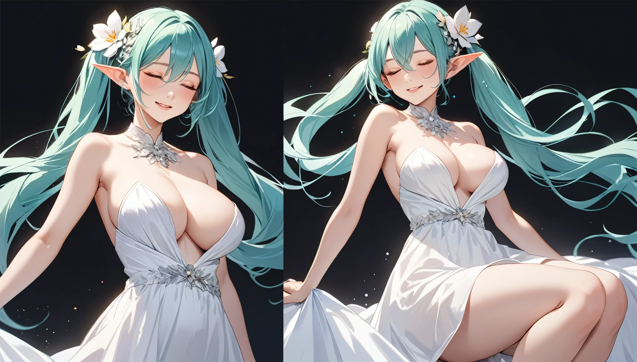(masterpiece, highest resolution,highest quality ), 1 elven girl, ( bare breasts, thigh), (aqua hair, twin tails ,very long hair , floating hair ), full body, hand on hip ,hair between eyes, multi colored hair, hair flower ornament ,(blush, smile, close eyes), close mouth, party dress, white dress , strapless dress, (Open the front of the dress chest very wide), large breasts, pointed ears, ((simple background, black background))