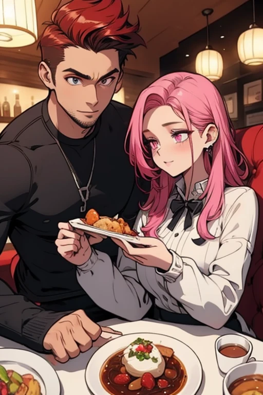 A pink haired woman with violet eyes and an hourglass figure is eating with a red haired woman with red eyes and an hourglass at a restaurant