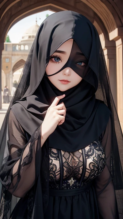 Beautiful Muslim girl in beautiful hijab with mask veil beautiful girl beautiful full hijaab dress for black and hands black with clothes black full hijaab dress for only looking eye 👁️