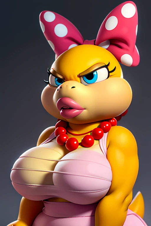 Slightly overweight wendy koopa,furry,tail,animal nose, yellow skin,blue eyes,makeup, pink lips,pink turtle shell, tail, Snobby expression,Horny,polka dot hair bow, necklace, short Pink polka-dot dress gold earrings, Red pearl necklace, Pink polka dot bra, big Chest, high quality, masterpiece,,
