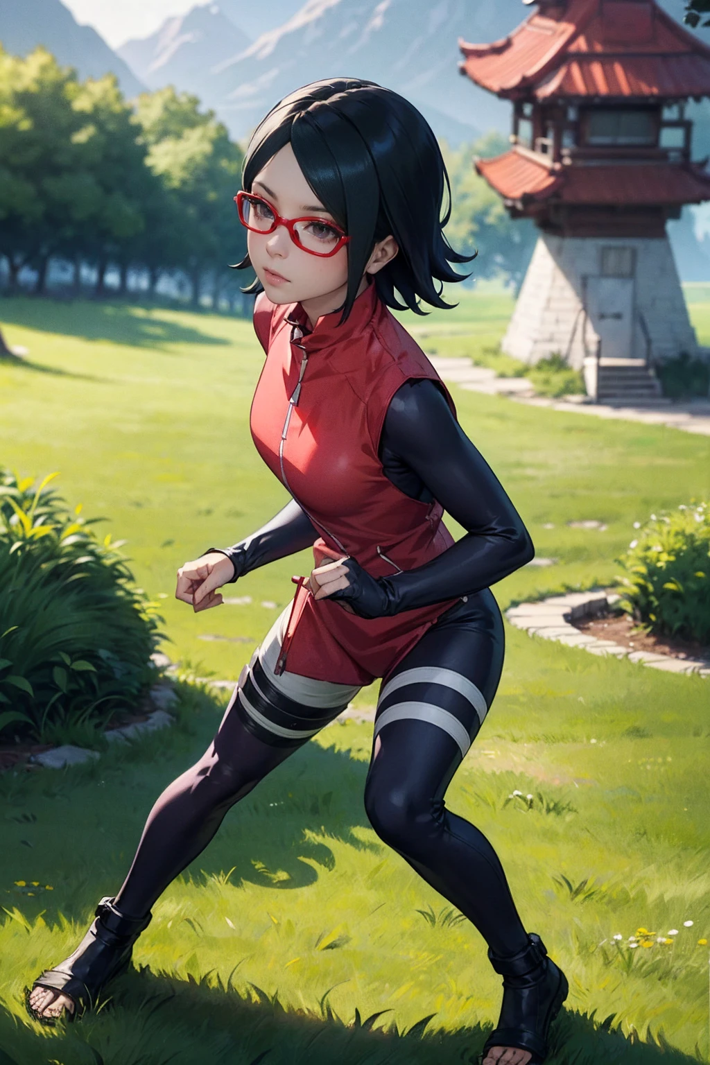 (Sarada Uchiha,short hair,black hair,glasses),full body picture Unreal Engine 5 8K UHD of beautiful girl, green Japanese style long hair, ((wearing futuristic black tight battle suit)), half face mask, (futuristic neck collar), grass green light details, best quality, masterpiece