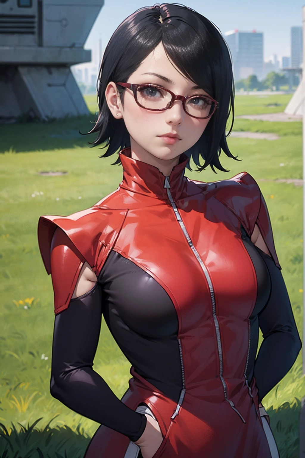 (Sarada Uchiha,short hair,black hair,glasses),full body picture Unreal Engine 5 8K UHD of beautiful girl, green Japanese style long hair, ((wearing futuristic black tight battle suit)), half face mask, (futuristic neck collar), grass green light details, best quality, masterpiece