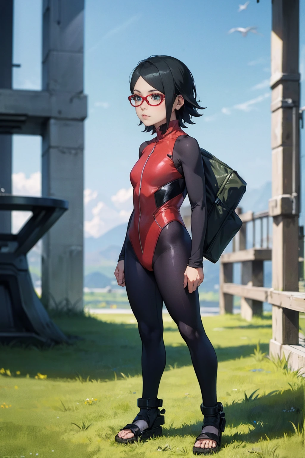 (Sarada Uchiha,short hair,black hair,glasses),full body picture Unreal Engine 5 8K UHD of beautiful girl, green Japanese style long hair, ((wearing futuristic black tight battle suit)), half face mask, (futuristic neck collar), grass green light details, best quality, masterpiece