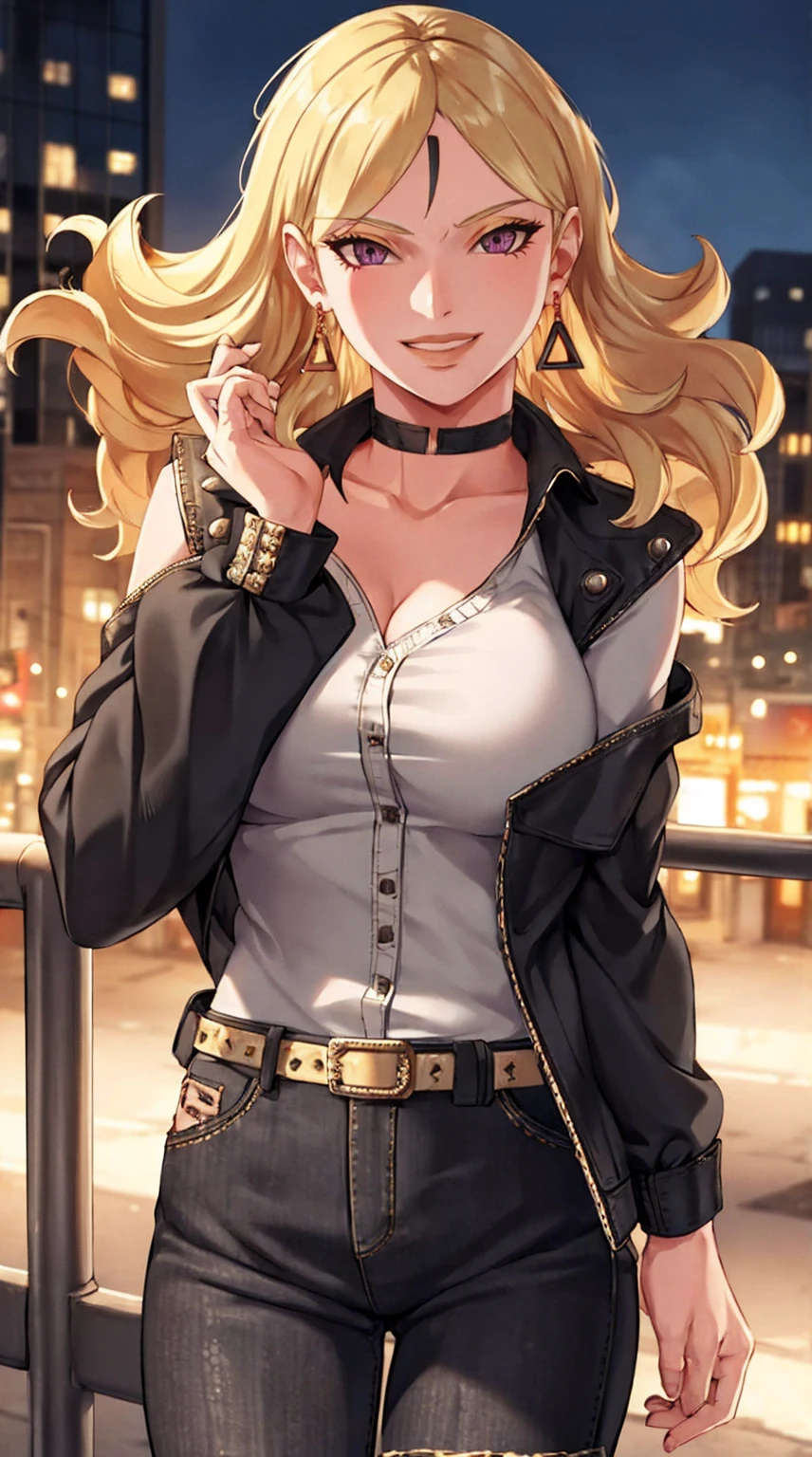 1girl,cowboy shot, beautiful Delta, earrings, blonde hair, looking at viewer, smile, shirt, pants, belt, dynamic pose,choker, black jacket, city, smile, outdoors, volumetric lighting, best quality, masterpiece, intricate details, tonemapping, sharp focus, hyper detailed, trending on Artstation,