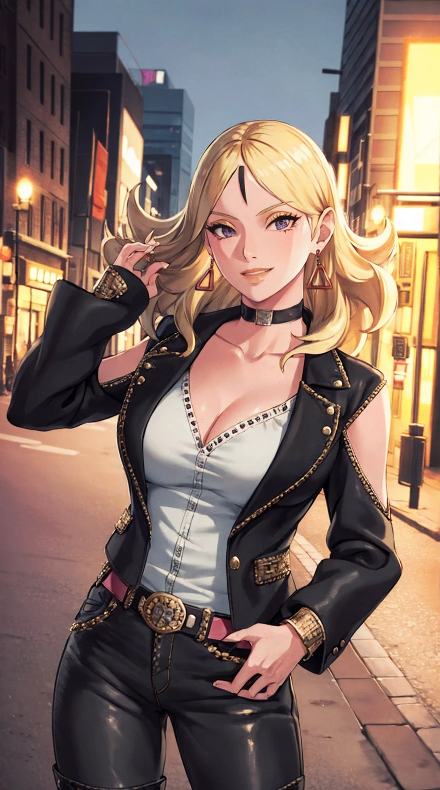 1girl,cowboy shot, beautiful Delta, earrings, blonde hair, looking at viewer, smile, shirt, pants, belt, dynamic pose,choker, black jacket, city, smile, outdoors, volumetric lighting, best quality, masterpiece, intricate details, tonemapping, sharp focus, hyper detailed, trending on Artstation,