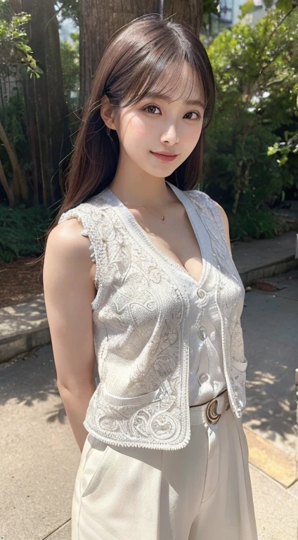 Innocent 28-year-old girl、((White vest, dramatic pose)),Smile,shortcut,natural Park、original photo, (8k、Top quality、masterpiece:1.2)、(Intricate details:1.4)、(Photorealistic:1.4)、Octane Rendering、Complex 3D rendering with ultra-details, Studio soft light, rim light, Vivid details, Super Detail, Realistic skin texture, Facial details, beautiful eye details, Highly detailed CG Unity 16k wallpaper, cosmetic, (Detailed background:1.2), Smooth skin, whole body、Cleavage,((Stand with hands folded behind your back、lean forward、Angle of view from above))